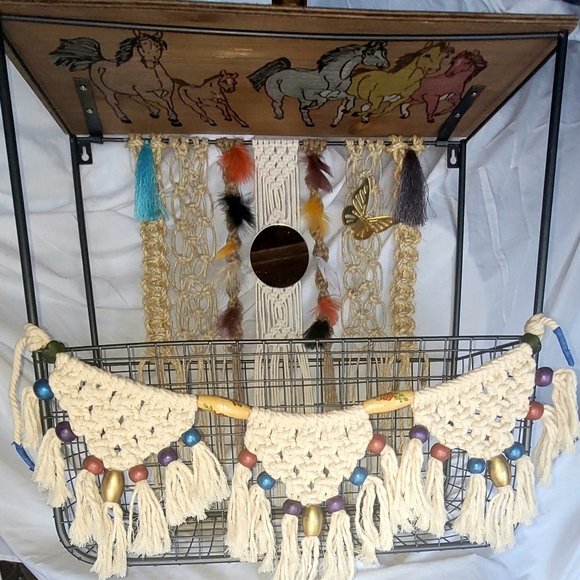 Macrame metal wood basket shelf